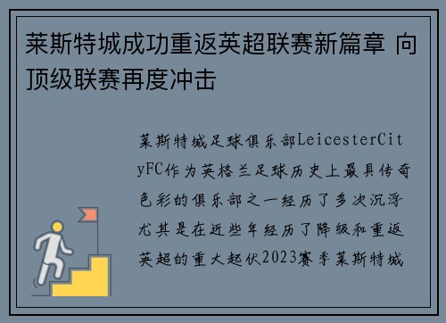 莱斯特城成功重返英超联赛新篇章 向顶级联赛再度冲击